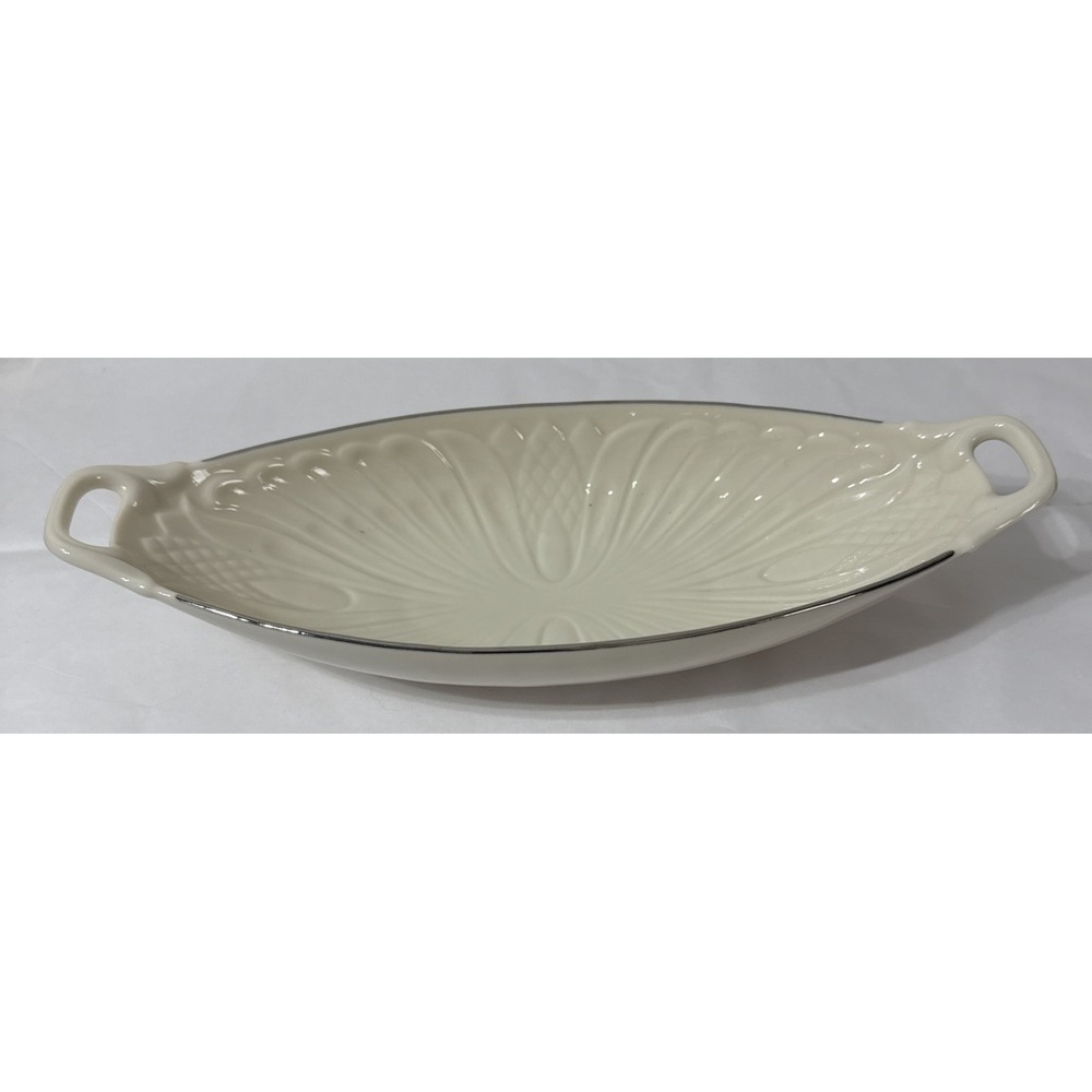Lenox MONACO SPECIAL Embossed Cream Silver Trim Handled Long Relish Serving Dish